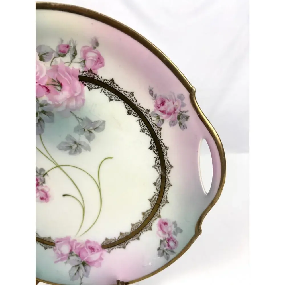 Antique Bavaria Germany Hand-Painted Porcelain Cake Plate Double‎ Handle Roses